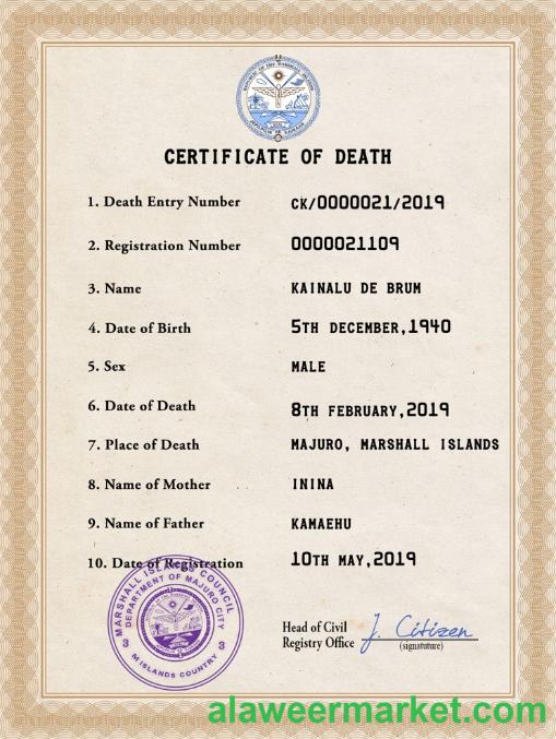 Marshall Islands death certificate PSD template